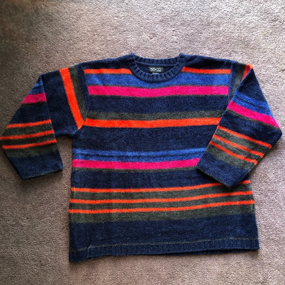 New York & Company Women's Striped Sweater - Navy, Orange, Pink, Green